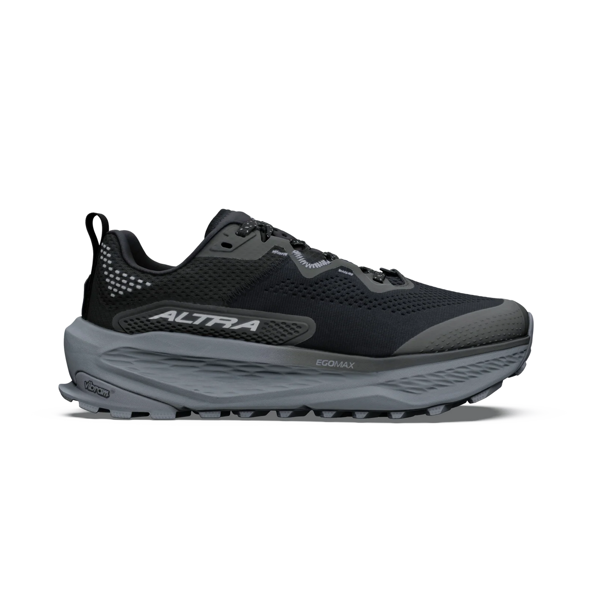 A black and gray trail running shoe shown from the side on a white background, featuring the brand name 'ALTRA' on the side panel. - Altra Olympus 7 Shoes (Women's) - Black/Silver/Castlerock