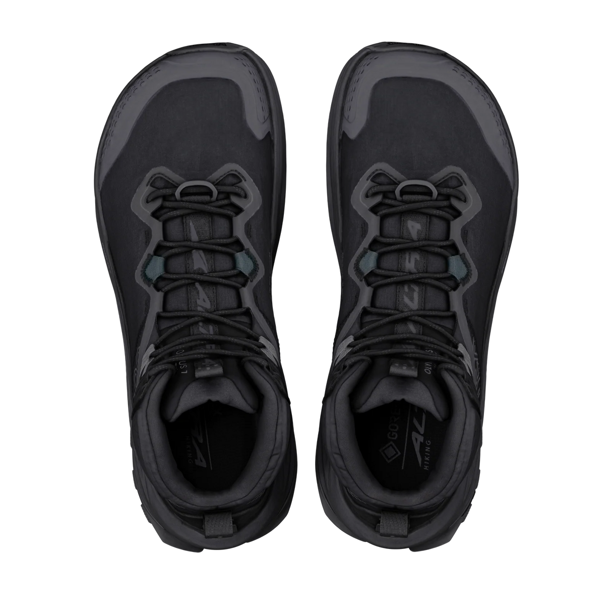 A pair of black and dark gray water shoes shown from a top-down view on a solid white background. - Altra Olympus 7 Hike Mid GORE-TEX Boots (Men's) - Black/Shadow