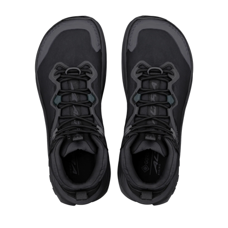 A pair of black and dark gray water shoes shown from a top-down view on a solid white background. - Altra Olympus 7 Hike Mid GORE-TEX Boots (Men's) - Black/Shadow