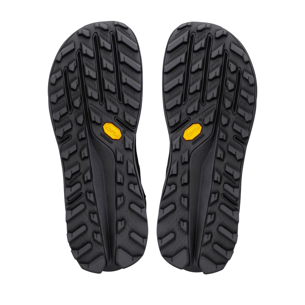 A pair of black rugged outdoor shoe soles shown from the bottom, featuring deep lugs and small yellow Vibram logos near the rear. - Altra Olympus 7 Hike Mid GORE-TEX Boots (Men's) - Black/Shadow