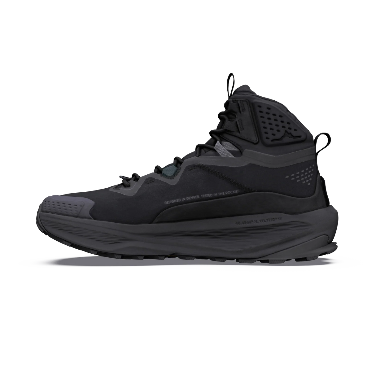 A single high-top outdoor boot in all-black and dark gray, shown in a side profile on a clean white background. - Altra Olympus 7 Hike Mid GORE-TEX Boots (Men's) - Black/Shadow