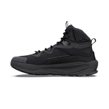 A single high-top outdoor boot in all-black and dark gray, shown in a side profile on a clean white background. - Altra Olympus 7 Hike Mid GORE-TEX Boots (Men's) - Black/Shadow