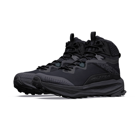 A pair of black Altra Gore-Tex mid-height hiking boots shown from a side profile view against a solid white background. - Altra Olympus 7 Hike Mid GORE-TEX Boots (Men's) - Black/Shadow