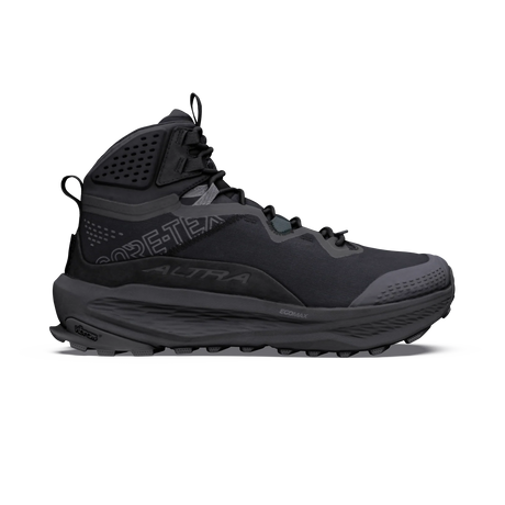 A dark gray and black high-top hiking boot shown from the side profile on a clean white background. The boot features 'CORE-TEC' and 'ALTRA' branding on the side. - Altra Olympus 7 Hike Mid GORE-TEX Boots (Men's) - Black/Shadow