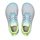 A pair of Altus hiking shoes shown from a top-down view, featuring a light gray mesh upper with light blue laces and toe accents, and a bright lime green collar lining. - Altra Experience Wild 3+ Shoes (Women's) - High Rise/Green
