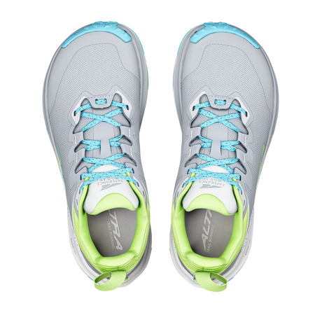 A pair of Altus hiking shoes shown from a top-down view, featuring a light gray mesh upper with light blue laces and toe accents, and a bright lime green collar lining. - Altra Experience Wild 3+ Shoes (Women's) - High Rise/Green