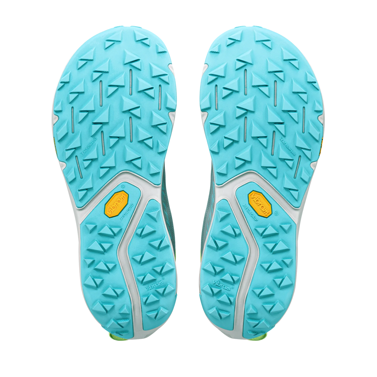 Top-down view of a pair of athletic shoe soles, showing a bright turquoise blue tread pattern with a central white channel and a small yellow Vibram logo on each side, set against a plain white background. - Altra Experience Wild 3+ Shoes (Women's) - High Rise/Green