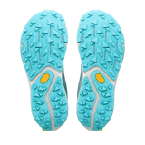Top-down view of a pair of athletic shoe soles, showing a bright turquoise blue tread pattern with a central white channel and a small yellow Vibram logo on each side, set against a plain white background. - Altra Experience Wild 3+ Shoes (Women's) - High Rise/Green
