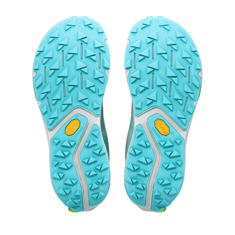 Top-down view of a pair of athletic shoe soles, showing a bright turquoise blue tread pattern with a central white channel and a small yellow Vibram logo on each side, set against a plain white background. - Altra Experience Wild 3+ Shoes (Women's) - High Rise/Green