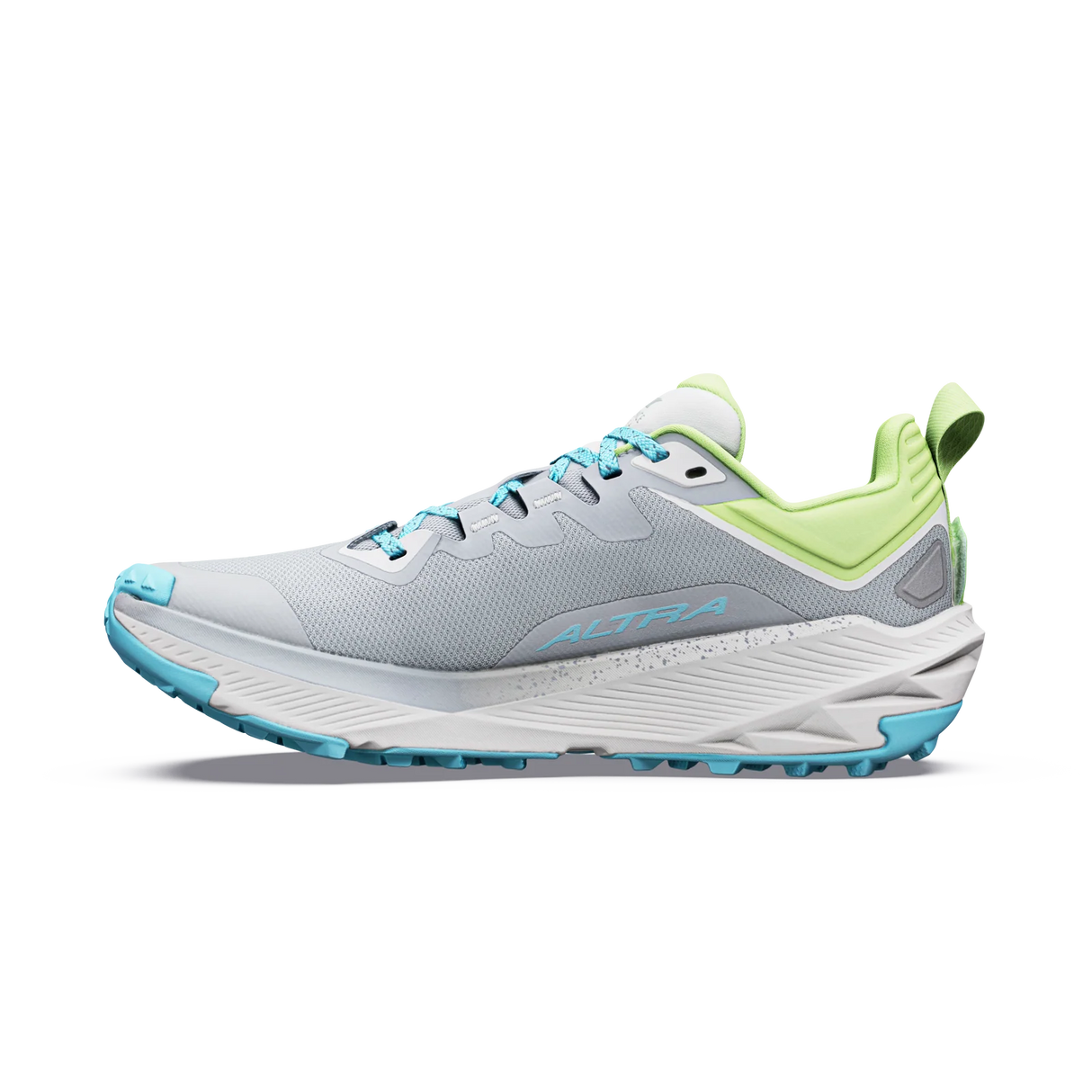 A light gray trail running shoe with light blue and lime green accents, shown in a side profile on a white background. - Altra Experience Wild 3+ Shoes (Women's) - High Rise/Green