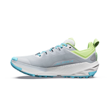 A light gray trail running shoe with light blue and lime green accents, shown in a side profile on a white background. - Altra Experience Wild 3+ Shoes (Women's) - High Rise/Green