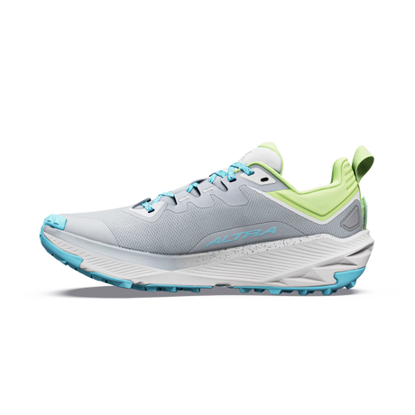 A light gray trail running shoe with light blue and lime green accents, shown in a side profile on a white background. - Altra Experience Wild 3+ Shoes (Women's) - High Rise/Green