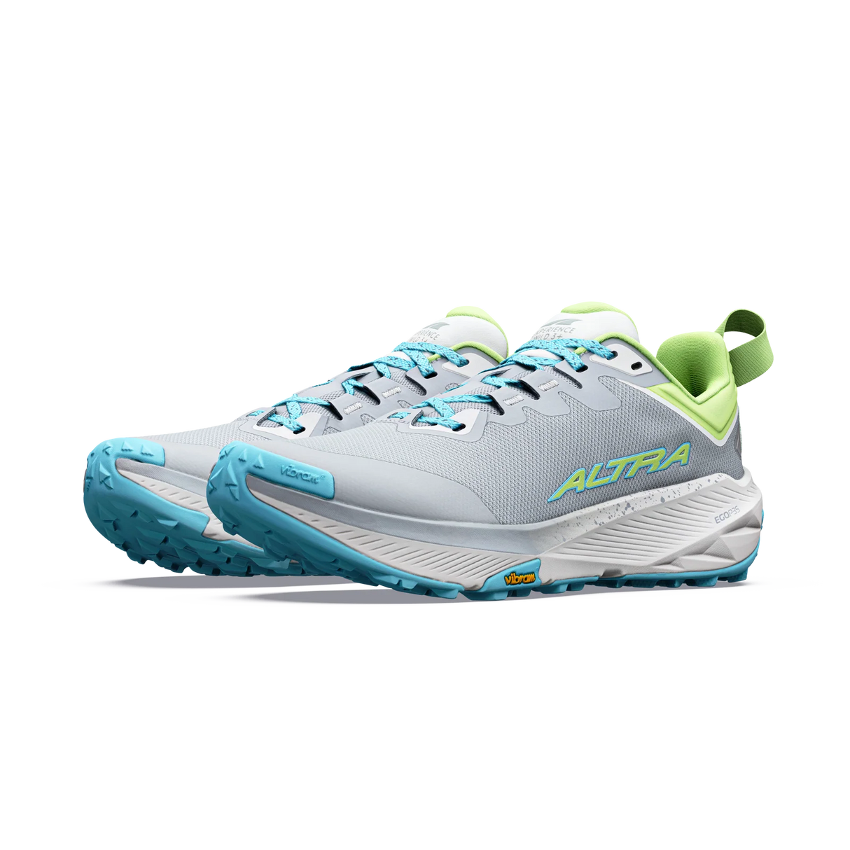 A pair of ALTRA running shoes in light gray and white with bright turquoise and lime green accents, shown against a plain white background. - Altra Experience Wild 3+ Shoes (Women's) - High Rise/Green