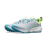 A pair of ALTRA running shoes in light gray and white with bright turquoise and lime green accents, shown against a plain white background. - Altra Experience Wild 3+ Shoes (Women's) - High Rise/Green