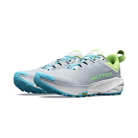 A pair of ALTRA running shoes in light gray and white with bright turquoise and lime green accents, shown against a plain white background. - Altra Experience Wild 3+ Shoes (Women's) - High Rise/Green