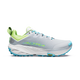 A light gray Altra trail running shoe with lime green and turquoise accents, featuring a white midsole and a Vibram logo on the outsole, shown against a plain white background. - Altra Experience Wild 3+ Shoes (Women's) - High Rise/Green
