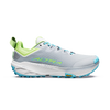 A light gray Altra trail running shoe with lime green and turquoise accents, featuring a white midsole and a Vibram logo on the outsole, shown against a plain white background. - Altra Experience Wild 3+ Shoes (Women's) - High Rise/Green