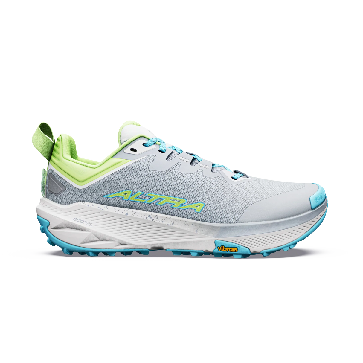 A light gray Altra trail running shoe with lime green and turquoise accents, featuring a white midsole and a Vibram logo on the outsole, shown against a plain white background. - Altra Experience Wild 3+ Shoes (Women's) - High Rise/Green