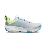 A light gray Altra trail running shoe with lime green and turquoise accents, featuring a white midsole and a Vibram logo on the outsole, shown against a plain white background. - Altra Experience Wild 3+ Shoes (Women's) - High Rise/Green