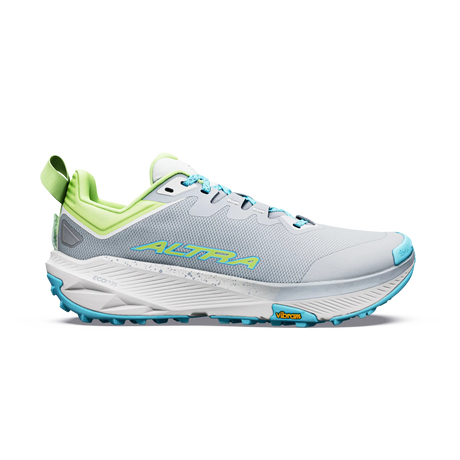 A light gray Altra trail running shoe with lime green and turquoise accents, featuring a white midsole and a Vibram logo on the outsole, shown against a plain white background. - Altra Experience Wild 3+ Shoes (Women's) - High Rise/Green