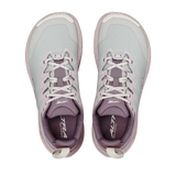 A pair of Altra running shoes shown from a top-down view, featuring a light gray mesh upper with dusty purple accents, white laces, and a white outsole. - Altra Experience Wild 3+ Shoes (Women's) - Grey/Pearl