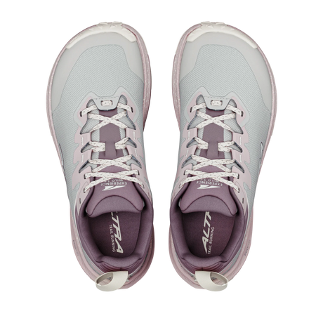 A pair of Altra running shoes shown from a top-down view, featuring a light gray mesh upper with dusty purple accents, white laces, and a white outsole. - Altra Experience Wild 3+ Shoes (Women's) - Grey/Pearl