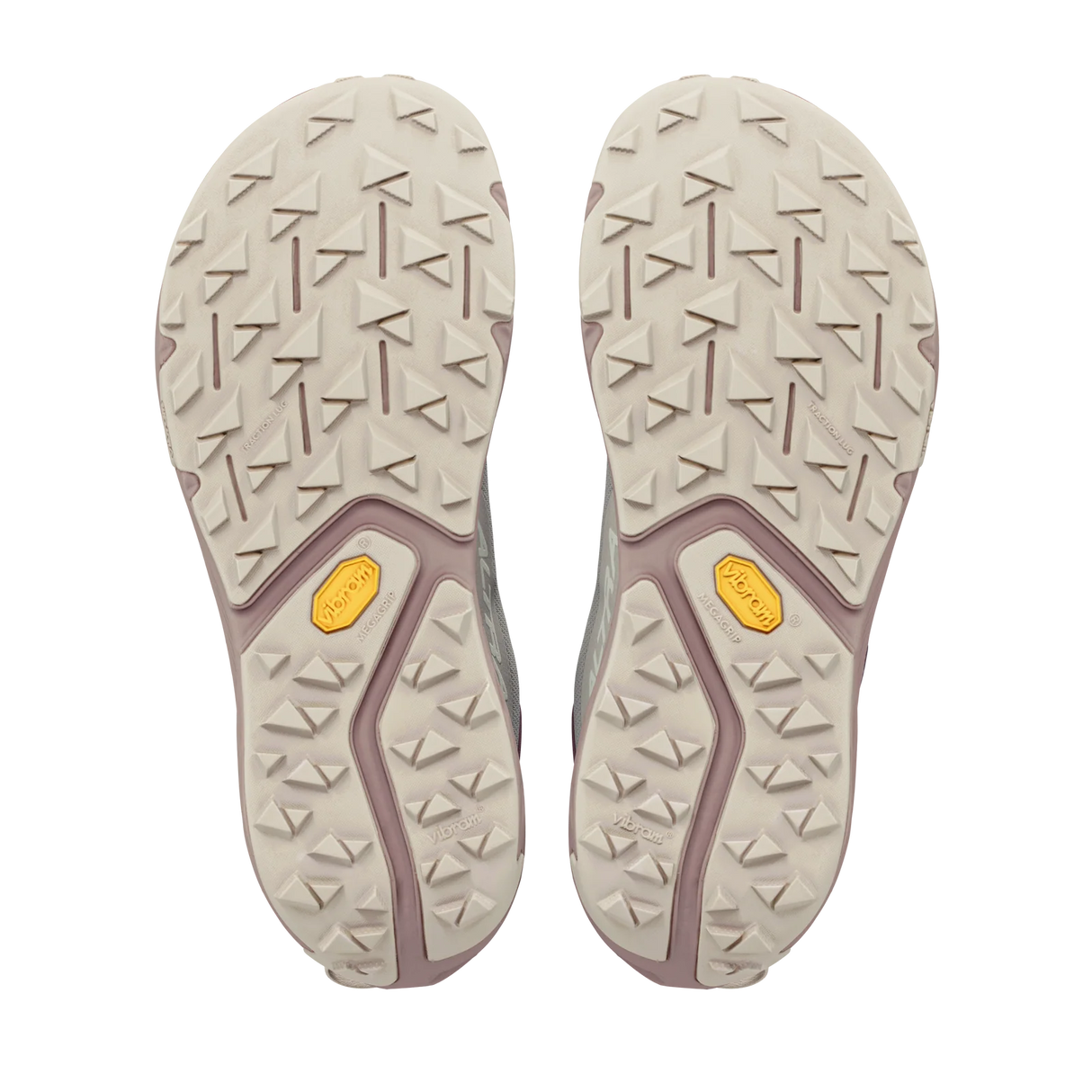 A pair of hiking shoes shown from the bottom, displaying their off-white and dusty purple lugged soles with yellow Vibram logos. - Altra Experience Wild 3+ Shoes (Women's) - Grey/Pearl