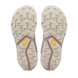 A pair of hiking shoes shown from the bottom, displaying their off-white and dusty purple lugged soles with yellow Vibram logos. - Altra Experience Wild 3+ Shoes (Women's) - Grey/Pearl