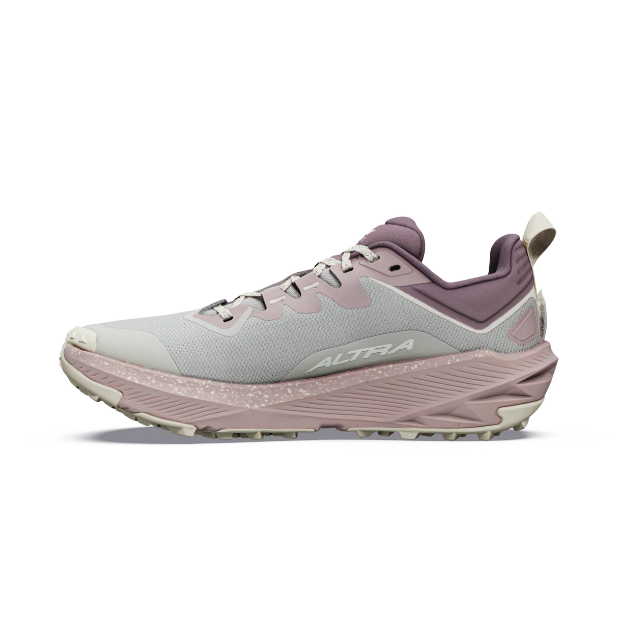 Gray and purple running shoe with 'Altra' branding on a white background - Altra Experience Wild 3+ Shoes (Women's) - Grey/Pearl