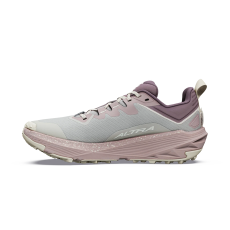 Gray and purple running shoe with 'Altra' branding on a white background - Altra Experience Wild 3+ Shoes (Women's) - Grey/Pearl
