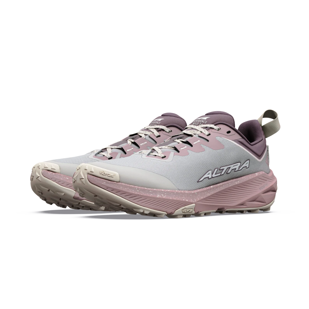 A pair of HOKA ALTRA trail running shoes in light gray and dusty mauve pink, shown from a three-quarters angle on a white background. - Altra Experience Wild 3+ Shoes (Women's) - Grey/Pearl