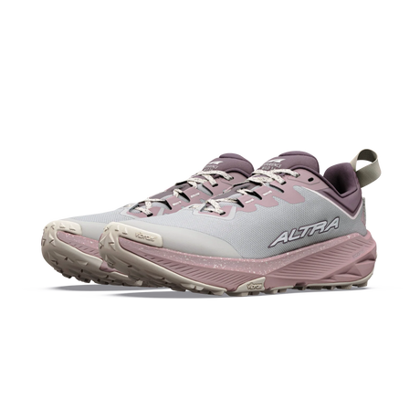 A pair of HOKA ALTRA trail running shoes in light gray and dusty mauve pink, shown from a three-quarters angle on a white background. - Altra Experience Wild 3+ Shoes (Women's) - Grey/Pearl