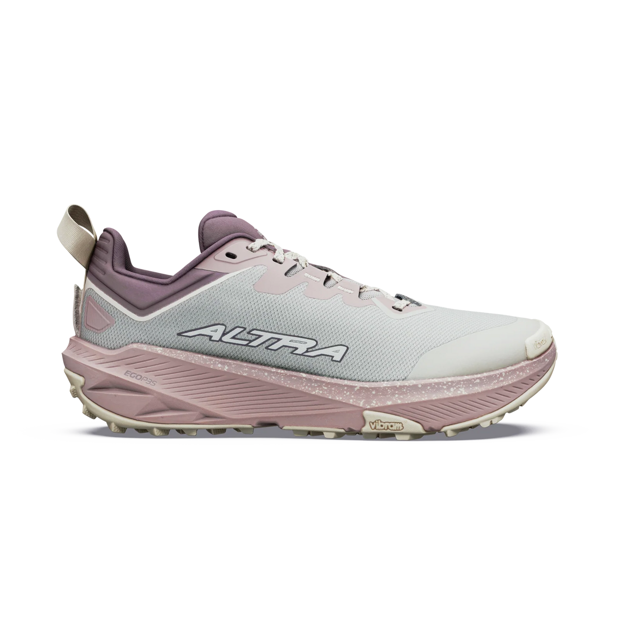 A single Altra trail running shoe in light gray and dusty mauve, shown from the side against a plain white background. - Altra Experience Wild 3+ Shoes (Women's) - Grey/Pearl