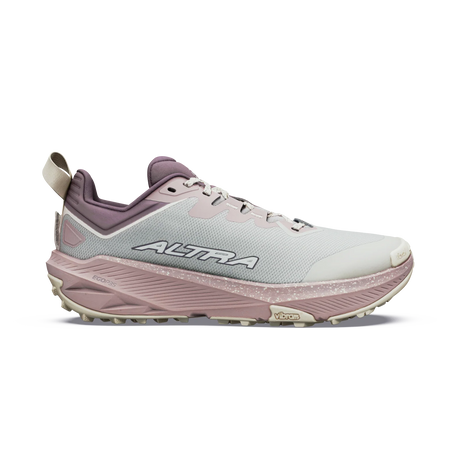 A single Altra trail running shoe in light gray and dusty mauve, shown from the side against a plain white background. - Altra Experience Wild 3+ Shoes (Women's) - Grey/Pearl
