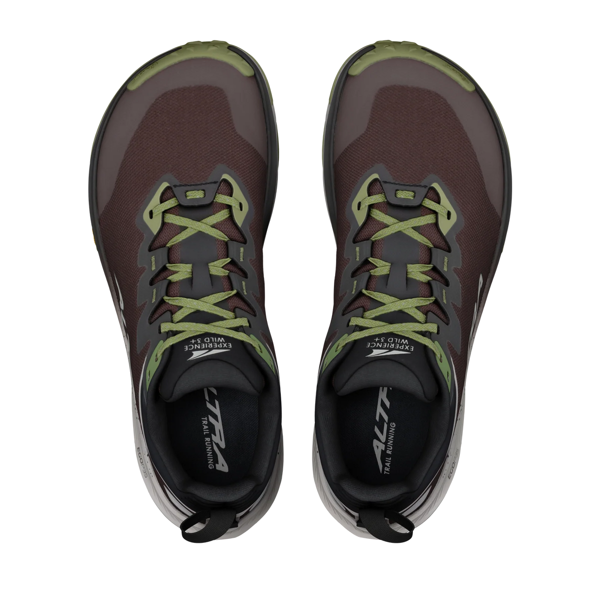 A pair of Altra running shoes shown from a top-down view, featuring a dark brown mesh upper with olive green accents on the laces, trim, and toe bumper, set against a plain white background. - Altra Experience Wild 3+ Shoes (Men's) - Chocolate/Torte