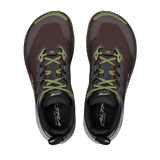 A pair of Altra running shoes shown from a top-down view, featuring a dark brown mesh upper with olive green accents on the laces, trim, and toe bumper, set against a plain white background. - Altra Experience Wild 3+ Shoes (Men's) - Chocolate/Torte