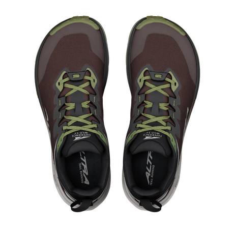 A pair of Altra running shoes shown from a top-down view, featuring a dark brown mesh upper with olive green accents on the laces, trim, and toe bumper, set against a plain white background. - Altra Experience Wild 3+ Shoes (Men's) - Chocolate/Torte