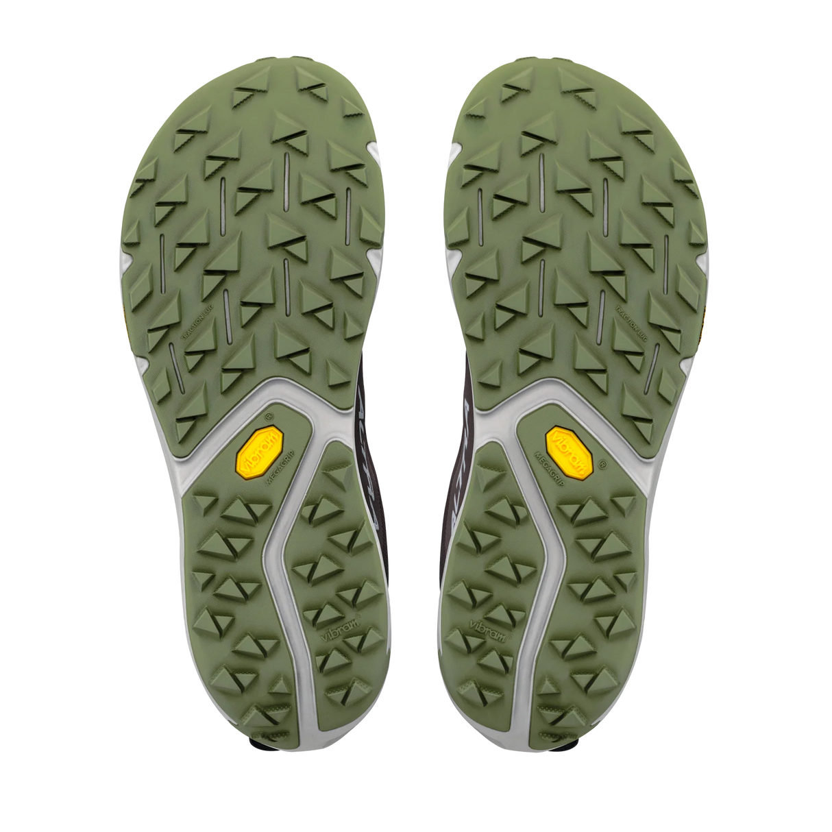 Top-down view of a pair of athletic shoes showing their green treaded soles with gray sculpted channels and small yellow accents, set against a plain white background. - Altra Experience Wild 3+ Shoes (Men's) - Chocolate/Torte