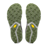 Top-down view of a pair of athletic shoes showing their green treaded soles with gray sculpted channels and small yellow accents, set against a plain white background. - Altra Experience Wild 3+ Shoes (Men's) - Chocolate/Torte