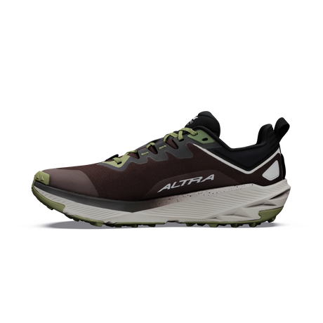 A single ALTRA trail running shoe shown in a side profile view against a plain white background. The shoe features a dark brown and black upper with olive green accents on the laces, toe cap, and midsole, and a thick white and gray cushioned sole. - Altra Experience Wild 3+ Shoes (Men's) - Chocolate/Torte