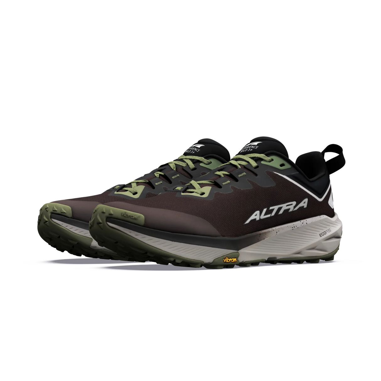 A pair of Altra trail running shoes in dark brown and black with olive green accents, featuring a white and gray midsole and the Altra logo on the side. - Altra Experience Wild 3+ Shoes (Men's) - Chocolate/Torte