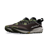 A pair of Altra trail running shoes in dark brown and black with olive green accents, featuring a white and gray midsole and the Altra logo on the side. - Altra Experience Wild 3+ Shoes (Men's) - Chocolate/Torte