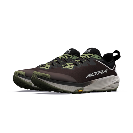 A pair of Altra trail running shoes in dark brown and black with olive green accents, featuring a white and gray midsole and the Altra logo on the side. - Altra Experience Wild 3+ Shoes (Men's) - Chocolate/Torte