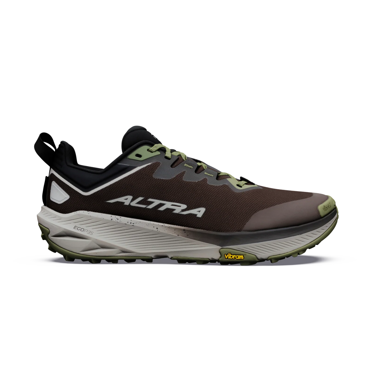 A single Altra trail running shoe in dark brown and black with olive green accents, shown in a side profile on a white background. - Altra Experience Wild 3+ Shoes (Men's) - Chocolate/Torte