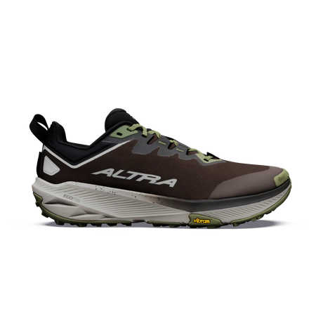 A single Altra trail running shoe in dark brown and black with olive green accents, shown in a side profile on a white background. - Altra Experience Wild 3+ Shoes (Men's) - Chocolate/Torte