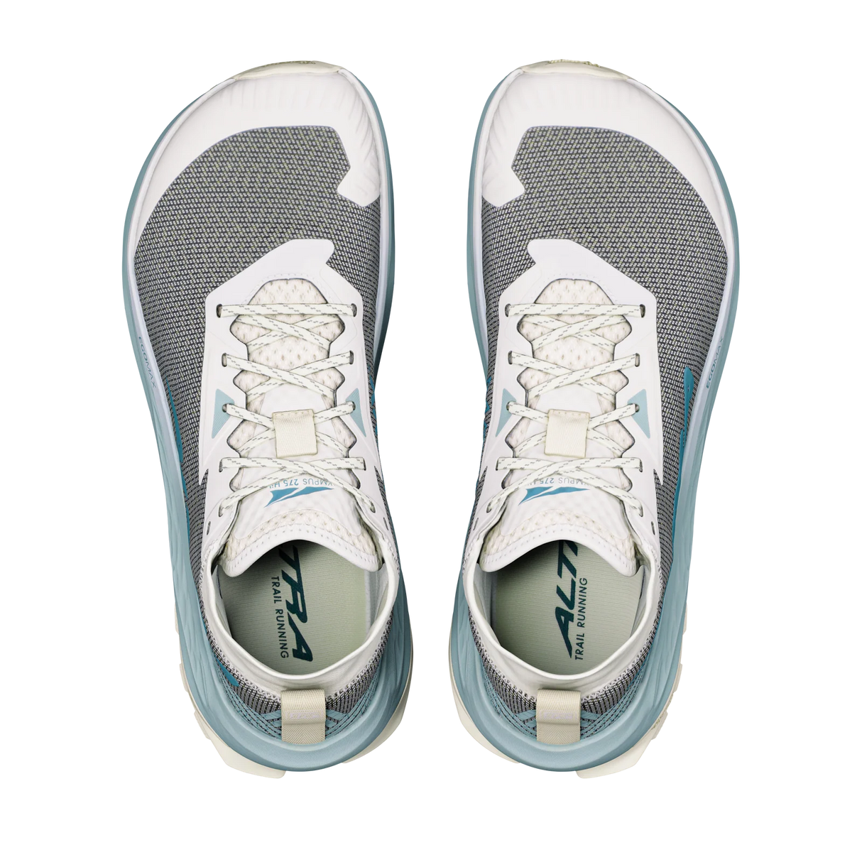 A pair of Altra running shoes shown from a top-down view, featuring a gray and white mesh upper with light blue accents and white laces. - Altra Olympus 275 HiLo Shoes (Men's) - Grey/Sea Pine
