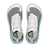 A pair of Altra running shoes shown from a top-down view, featuring a gray and white mesh upper with light blue accents and white laces. - Altra Olympus 275 HiLo Shoes (Men's) - Grey/Sea Pine
