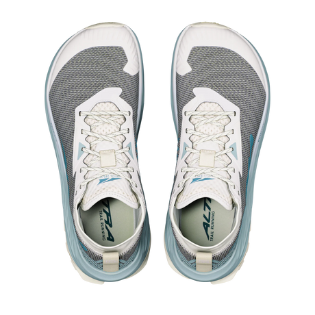 A pair of Altra running shoes shown from a top-down view, featuring a gray and white mesh upper with light blue accents and white laces. - Altra Olympus 275 HiLo Shoes (Men's) - Grey/Sea Pine
