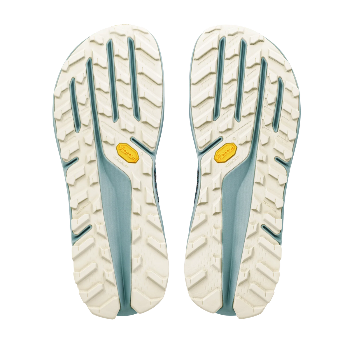 A pair of hiking shoe soles shown from the bottom, featuring an off-white textured tread pattern with light blue-green grooves and small yellow Vibram logos. - Altra Olympus 275 HiLo Shoes (Men's) - Grey/Sea Pine
