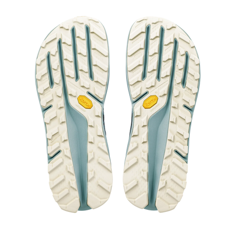 A pair of hiking shoe soles shown from the bottom, featuring an off-white textured tread pattern with light blue-green grooves and small yellow Vibram logos. - Altra Olympus 275 HiLo Shoes (Men's) - Grey/Sea Pine